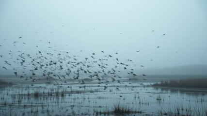 Birds Fly Over Misty Marsh at Dawn - Powered by Adobe