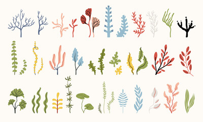 Folk hygge ocean clip arts, hand drawn vector set in Scandinavian Nordic style, isolated on white. Collection of classic ethnic elements. The scandi folk motifs - corals, flowers and seaweeds