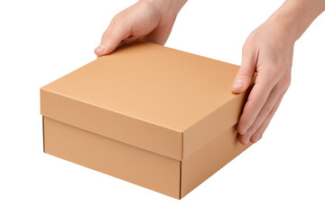 Hands Carefully Holding a Light Brown Cardboard Gift Box Ready for Delivery or Presentation