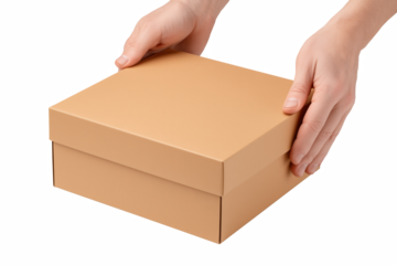 Hands Carefully Holding a Light Brown Cardboard Gift Box Ready for Delivery or Presentation
