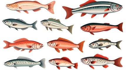Fresh Seafood Selection at a Supermarket, Fishes for Sale, Market Stall Display, Seafood Market Showcase Illustration
