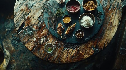Naklejka premium An inviting Indian thali set with aromatic curries, rice, and pickles, placed on a rustic wooden table.