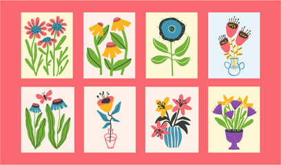 Set of bold optimistic greeting cards or posters templates, bright positive funny hand drawn flowers in naive style, textured vector illustration set