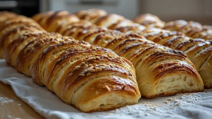 Close-up of golden, crusty artisan bread loaves arranged on a linen cloth with flour dusting.
