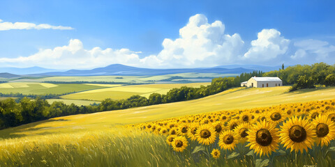 Expansive sunflower field stretching into the distance under a blue sky forming a bold and sunny agricultural landscape background