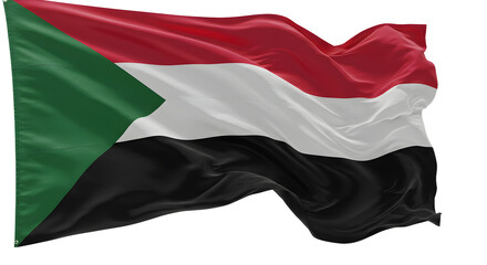 Vibrant Sudanese flag waving in the wind, symbolizing national pride against a clear blue sky backdrop (1)