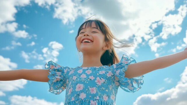 青空の下で両手を広げる笑顔の少女