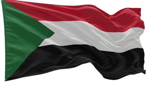 Vibrant Sudanese flag waving in the wind, symbolizing national pride against a clear blue sky backdrop (1)