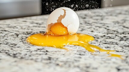 Freshly cracked eggs with golden yolks spilling out, captured on a smooth kitchen countertop.