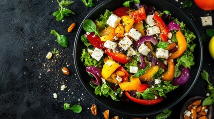 High-angle shot of a gourmet salad bowl with roasted bell peppers, feta cheese, and nuts.