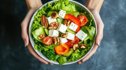 High-angle shot of a gourmet salad bowl with roasted bell peppers, feta cheese, and nuts.