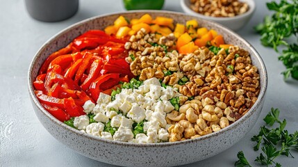 High-angle shot of a gourmet salad bowl with roasted bell peppers, feta cheese, and nuts.