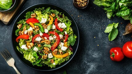 High-angle shot of a gourmet salad bowl with roasted bell peppers, feta cheese, and nuts.