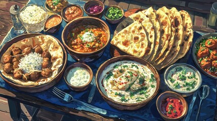 High-angle view of an inviting Indian meal on a deep blue table, highlighting the vibrant colors of the food.