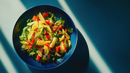 High-angle view of an inviting Indian meal on a deep blue table, highlighting the vibrant colors of the food.