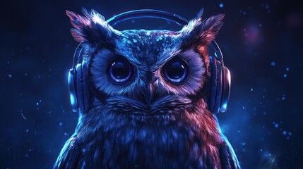 Obraz premium Neon Nocturne: An Owl Immersed in Auditory Bliss With Headphones On Head