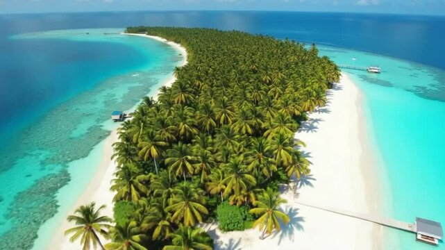Maldives tropical coastline beach with palms trees and clear ocean. Drone view