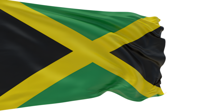 Vibrant waving flag of Jamaica showcasing its iconic black, green, and yellow colors against a clear blue sky