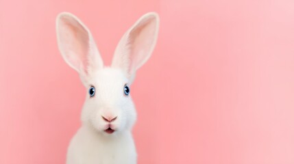 Obraz premium Cute White Rabbit with Blue Eyes on Pink Background Adorable Pet Animal Portrait