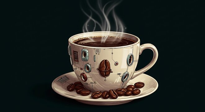 Steaming cup of joe with robotic design and beans, fresh morning brew, caffeine kick, coffee art image