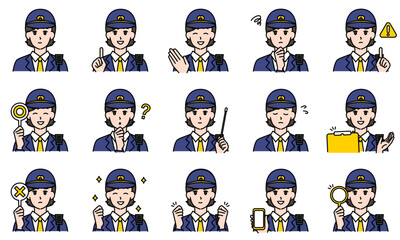 表情とポーズで感情を表す女性警察官のイラストセット