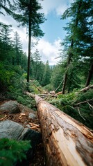 A serene forest scene showcasing fallen trees, lush greenery, and a blue sky, inviting outdoor tranquility and nature.