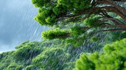 A serene view of lush green trees swaying in the rain under a dramatic sky, showcasing nature's powerful beauty.