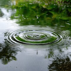A serene view of water droplets creating ripples on a calm surface, surrounded by lush greenery.
