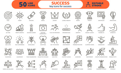 Success icon set. Thin line editable stroke icons for personal growth, career goals, leadership, productivity, motivation, achievement, resilience, growth mindset and teamwork.