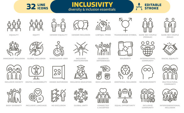 Inclusivity icon set. Thin line editable stroke icons for diversity, equity, accessibility, global community, multiple different gender and cultural identities, inclusion for all, dei