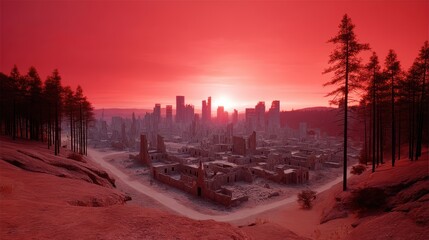 A stunning skyline at sunset, bathed in warm red hues, with silhouetted trees framing a bustling urban landscape.