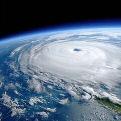 A stunning view of a hurricane swirling above the ocean, showcasing the power of nature from space.