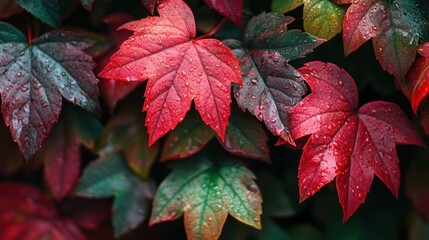 Vibrant autumn foliage covered in delicate raindrops, showcasing nature's artistry