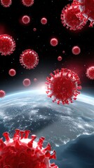 A surreal visualization of virus particles surrounding the Earth, representing the impact of pandemics on our planet.