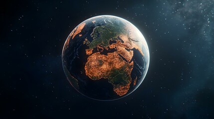 Fototapeta premium The image shows a digital rendering of planet Earth from space, at night. City lights are depicted as glowing orange points across Europe, Africa, and the Middle East, contrasting against the darkne