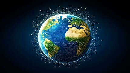 Naklejka premium The image shows a digitally rendered Earth globe enveloped in a network of interconnected lines and nodes, illustrating global connectivity.A medium description sentence: A digital rendering depicts
