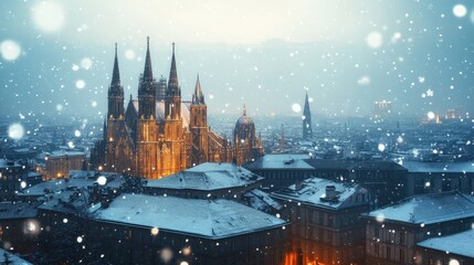 Obraz premium Snowy cityscape at twilight, illuminated cathedral.