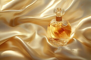 Luxurious perfume bottle on a bed of elegant silk.
