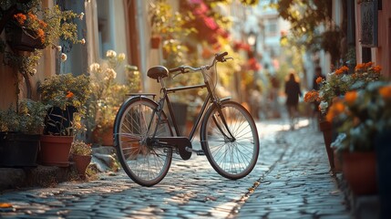 Fototapeta premium Vintage bicycle nestled on a quaint european cobblestone street adorned with flowers