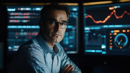 A serious male F1 strategist sits in a dimly lit room, focused on multiple data screens, showcasing his analytical expertise in high-pressure situations.