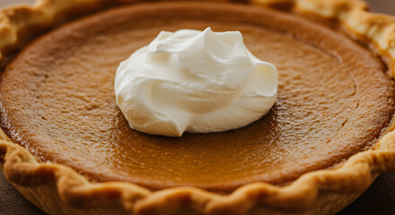Delicious pumpkin pie with whipped cream close up overhead shot