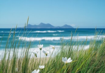 Tranquil Shoreline with Wildflowers and Gentle Ocean Waves