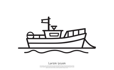 Obraz premium Fishing Boat Icon Outline, Simple Nautical Vessel on Water, Transparent Design