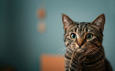 Obraz premium Surprised Tabby Cat with Paw to Mouth — A striped cat with green eyes holds its paw to its mouth in a human-like gesture of surprise, set against a solid light blue background with copy space. 