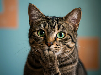 Surprised Tabby Cat with Paw to Mouth &mdash; A striped cat with green eyes holds its paw to its mouth in a human-like gesture of surprise, set against a solid light blue background with copy space.
