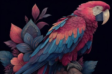 Fototapeta premium Elegant Macaw Parrot with Floral Design AI Art Print