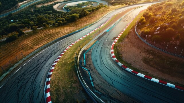 A stunning aerial view captures an empty F1 track with intricate chicanes and curves, showcasing the beautiful interplay of landscape and racing design.