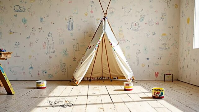 Creative Kids Playroom with Painted Walls and Tent - Colorful Artistic Space for Children with Wall Drawings