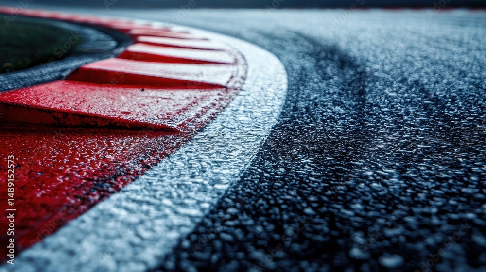 Wall mural this close-up image captures the wet surface of an empty f1 track curve, showcasing intricate detail