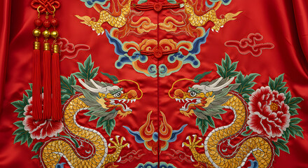 Red fabric with dragon embroidery ornate asian textile background